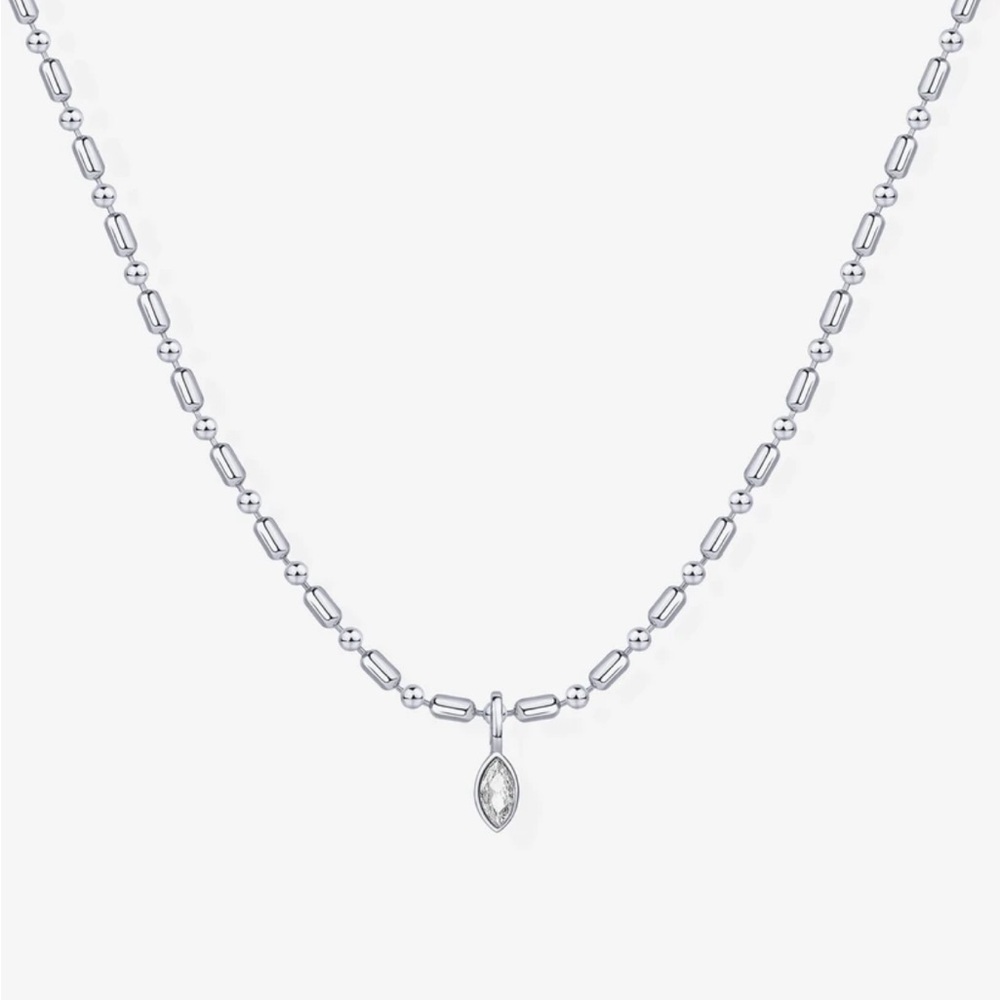 Sophisticated Silver Beaded Necklace with Marquise Pendant